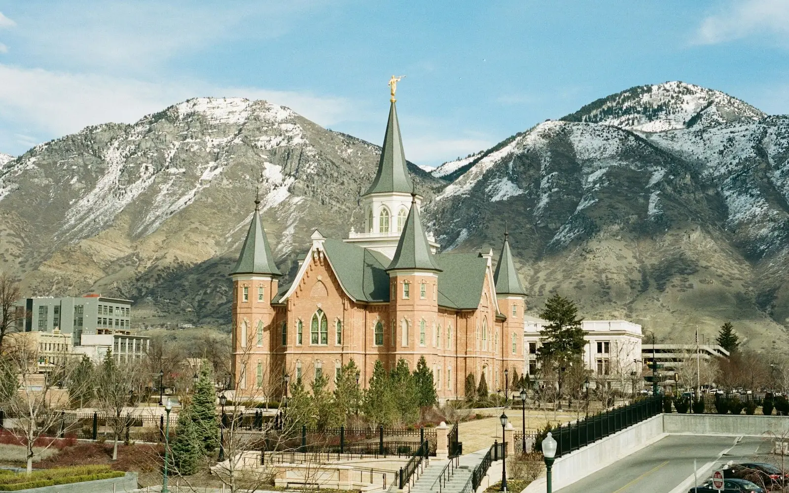 Downtown Provo with the snow-covered Wasatch Range behind it